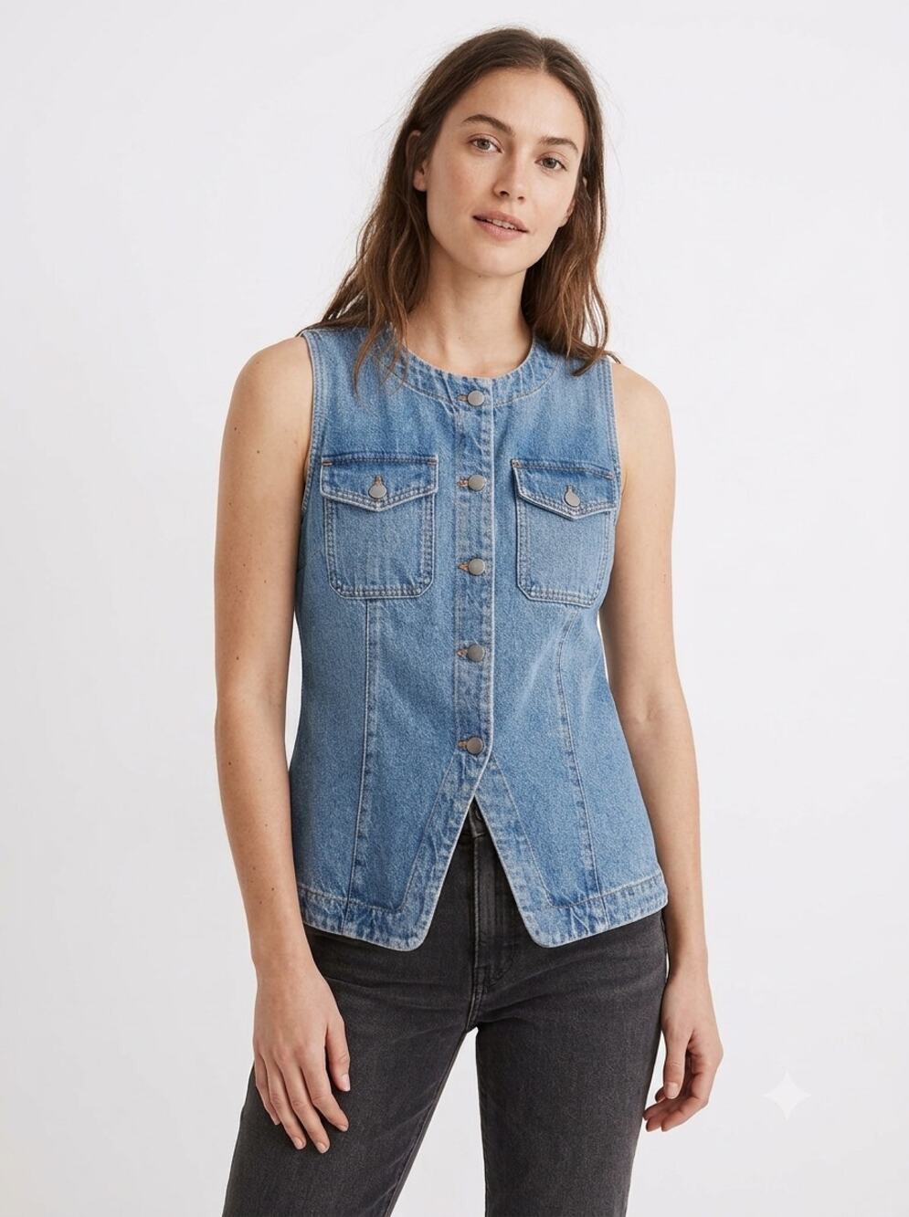 NWT Madewell Denim High Crewneck Vest Womens 6 Billings Wash Blue Flap Pocket